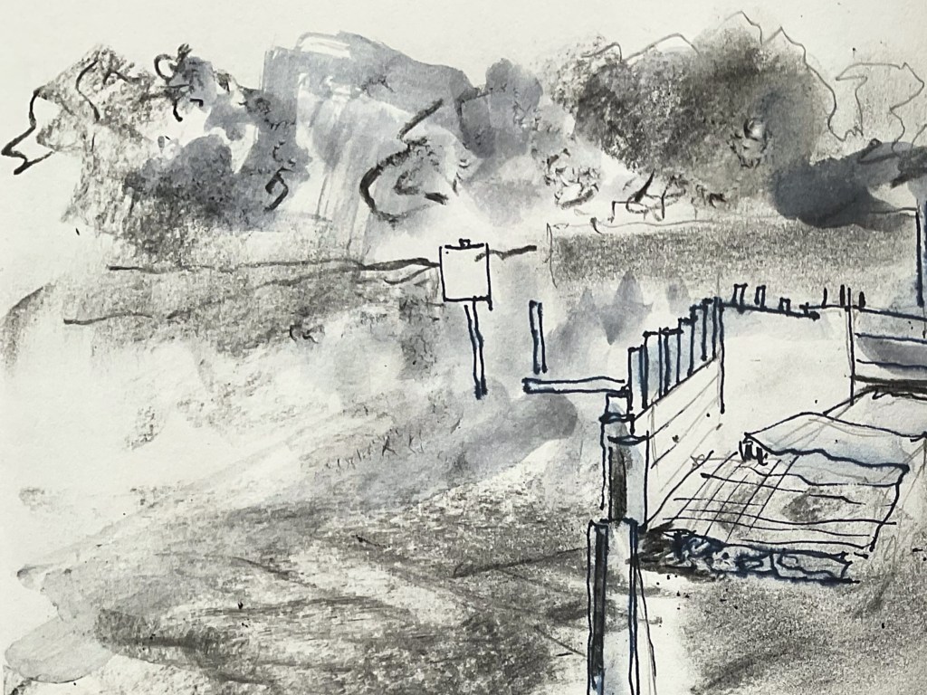 A sketch showing a landscape with faint trees in the background and a sign post. There is a sense of depth with shading and hints of texture, depicting an outdoor scene.