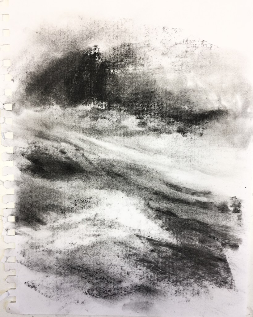 Abstract charcoal drawing depicting dark and light shades creating a textured landscape.